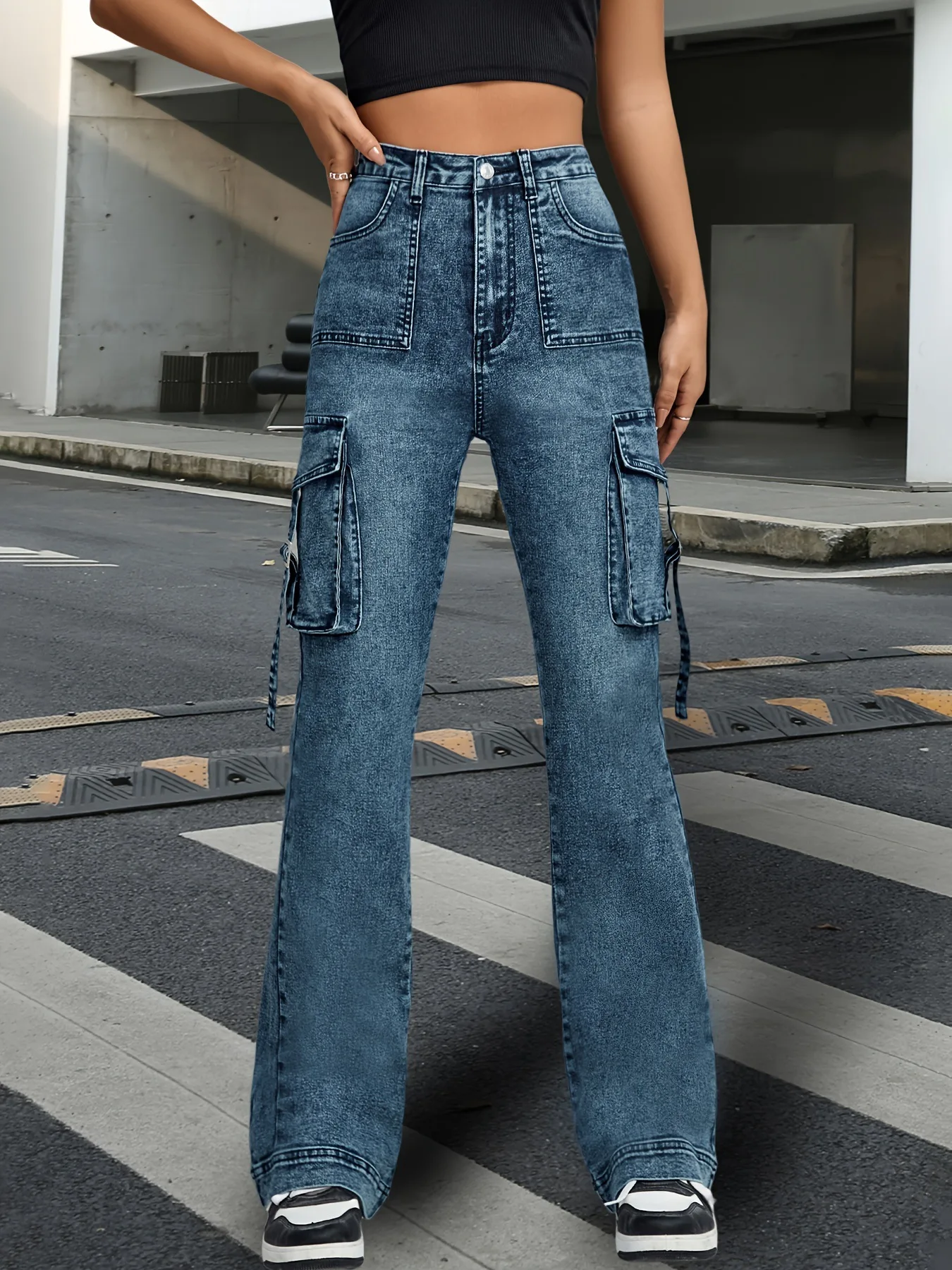 

American Retro Big Pocket Design Sense Work Pants High Waist Slimming Micro Pull Down Pants Women's Denim Long Pants Trendy