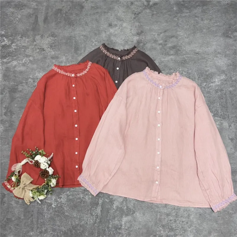 

Johnature Linen Embroidered Raw Edge Tricolor Shirt 2025 New Japanese Crew Neck Linen Shirt Loose Shirt Versatile Top Cardigan