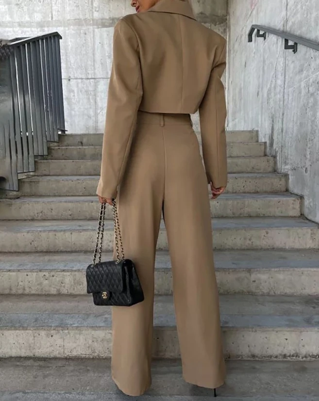 Two Pieces Set for Women 2023 Autumn New Fashion Casual Solid Notched Collar Buttoned Blazer Top&pants Set Temperament Commuting
