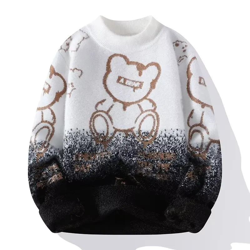 Autumn Winter Men\'s Sweater Plush Warm Cool Bear Knitted Sweater Harajuku High Street Slim Fit O-neck Top Japan Men\'s Clothing