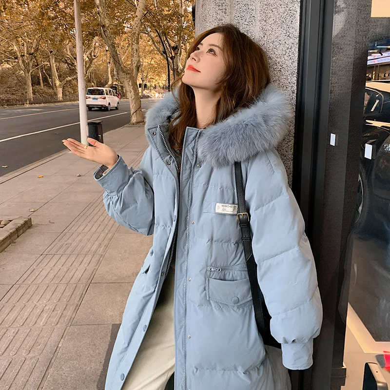 Long Down Cotton Jacket Women's Fur Collor Hooded Long Coat 2023 Winter New Thickened Warm Solid Zipper Parkas