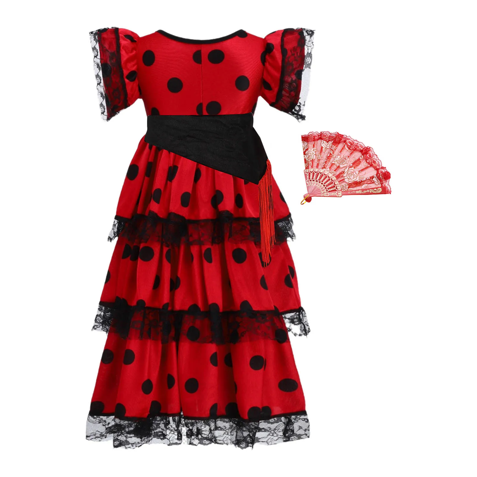 Kids Girls Spanish Flamenco Dance Dress Flying Sleeves Polka Dot Lace Layered Ruffled Dresses+Matched Fan+Side Tie-Up Waist Belt
