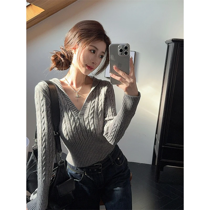 

MEXZT Red Hooded Sweater Women Vintage Cropped Knitted Pullover Korean V Neck Knitwears Winter Long Sleeve Slim Chic Jumpers New