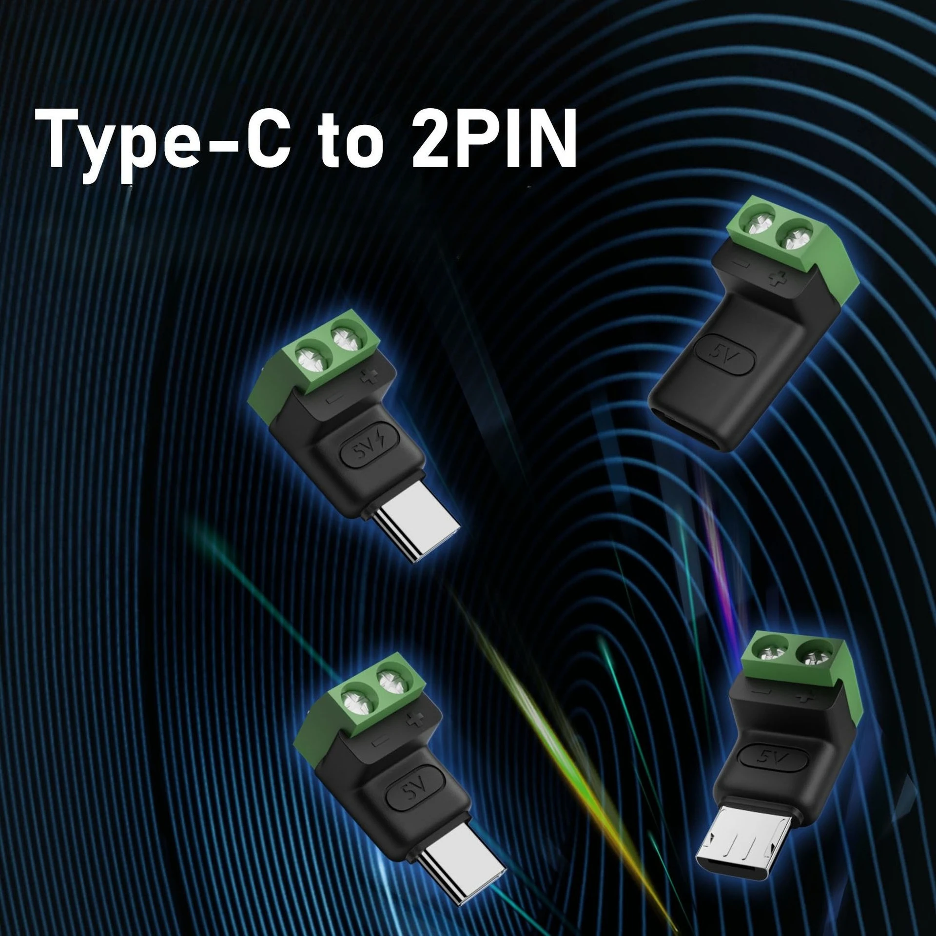 5pcs Solderless Plug USB C To 2Pin Terminal Adapter Screw Type-C To 2 Pin Crimp Terminal Block 5V Charging Conversion