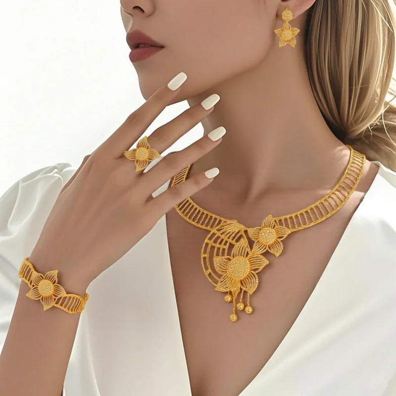 

24KGold Plated Bridal Necklace Earrings Ring Bracelet Jewelry Set African Dubai Wedding Jewelry Accessories