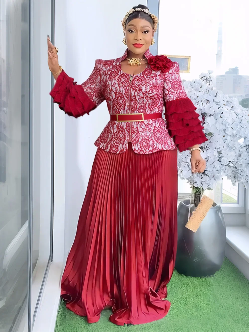 African Wedding Party Dresses for Women Elegant African 3/4 Sleeve O-neck Polyester Evening Maxi Dress Gowns African Clothes
