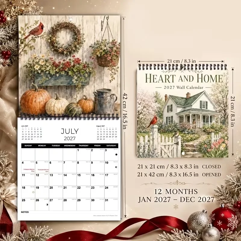 2027 Wall Calendar, 1pc 12-Month Spiral Hanging Calendar, 8.3x8.3in Square, Large Writing Blocks, Farmhouse Decor, Habit Tracker
