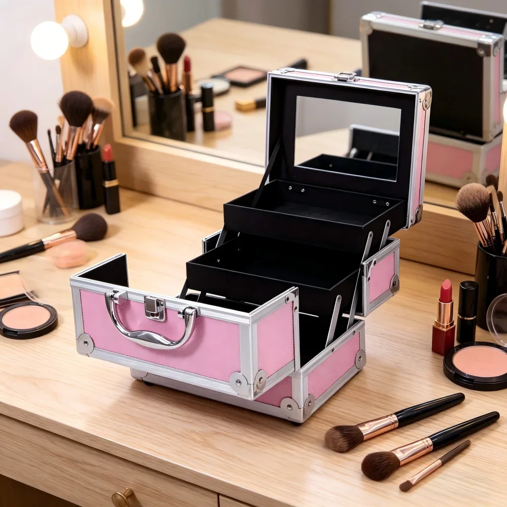 

Professional 14" Makeup Case With Lock, Adjustable Compartments, Aluminum Alloy, 4 Wheels, For Travel Salon Storage, Pinksky