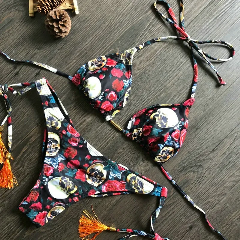 Biquíni feminino 2 peças, sexy, estampa floral, micro biquíni, tanga, bojo, traje de banho, 2020