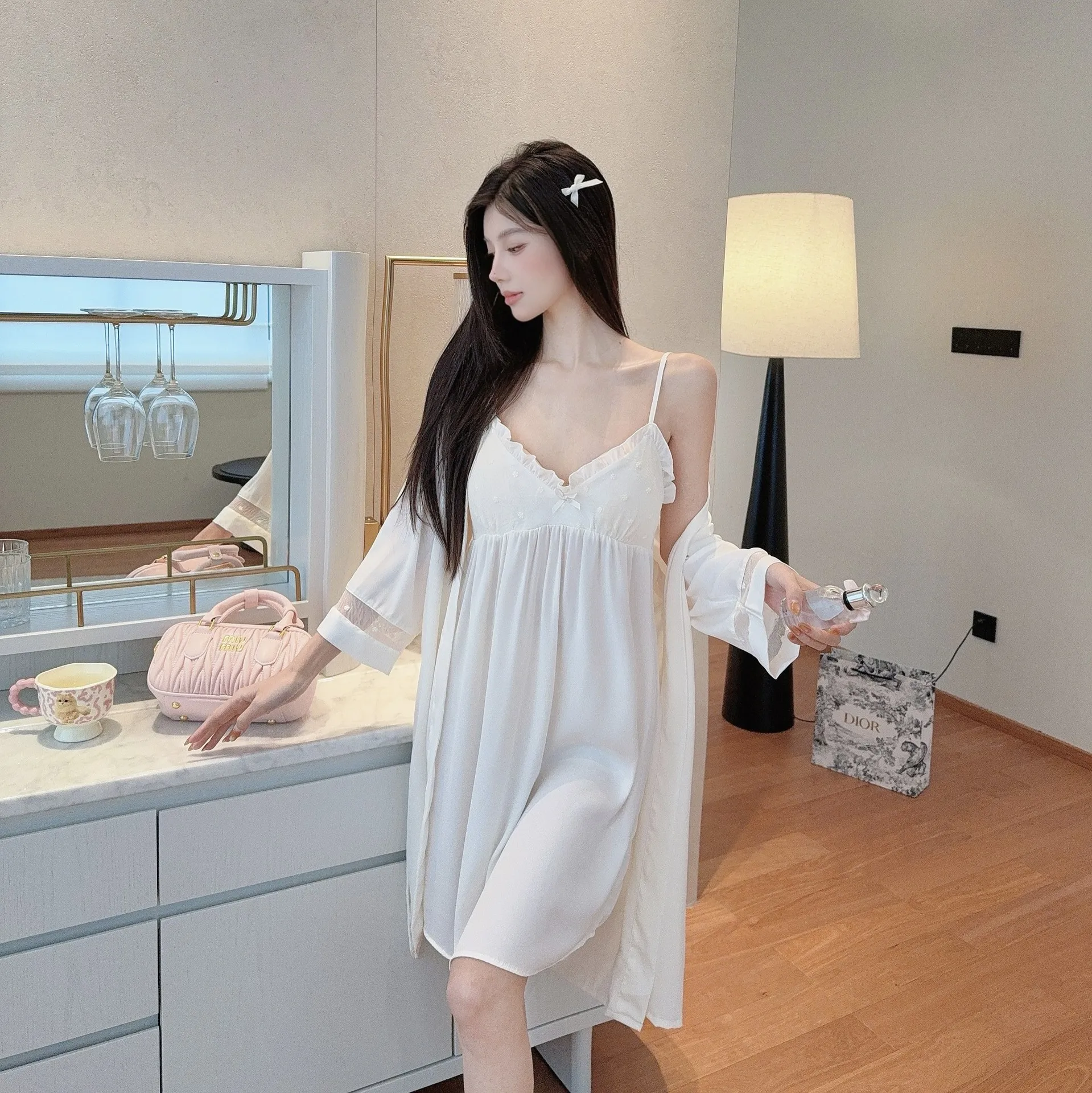 Sexy Mesh Robe Spaghetti Strap Short Kimono Gown Lady Style Vestidos De Novia 2025 New Chinese Style Robe Set Nightgown