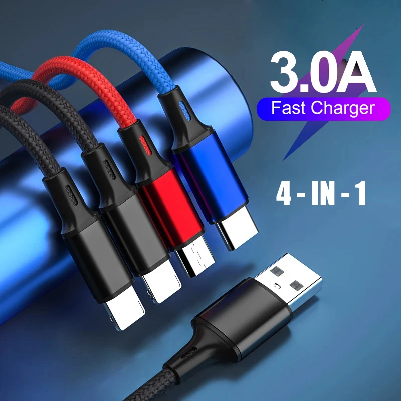 4 In 1 USB Cable For iPhone 3 In 1 USB A To Micro USB/Type C/8 Pin Charger Kable 3A Fast Charging Cabl For Huawei Samsung Xiaomi 