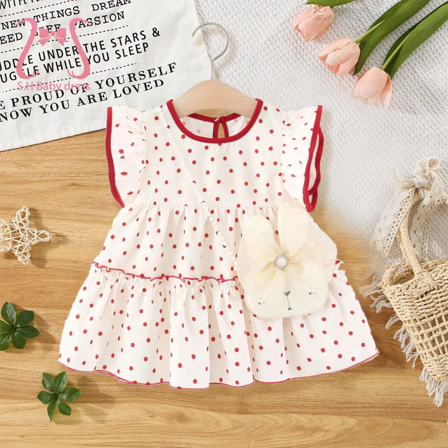 2 Teile/satz 0-4 Jahre Alt Rote Punkte Entzückende Sommer Baby Mädchen Kleid Kleinkind Daliy Tragen Nette Kinder Kleidung kind Kaninchen Tasche Kostüm