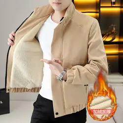 Men's Thick Padded Jacket Fashion Stand Collar Korean Style Bomber Casual Warm Coat Printed Outdoor Zipper Fleece Lining Jacket