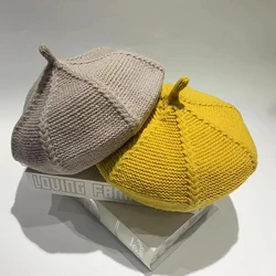 Women's Solid Color Knitted Beret Hat 2024 Autumn Winter Korean Popular Retro Candy Color Soft Warm Painter Hat Simple British