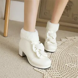 Winter Girls Lolita Boots Fur Round Toe Cosplay Princess Shoes High Heel Platform Women Ankle Boots Plush Warm Women Shoes 30-43