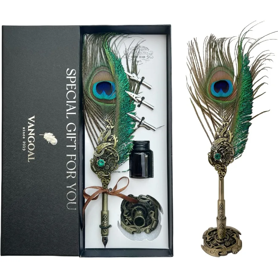 

Набор ручек и чернил с павлиньим пером и подарочной коробкой. Винтажная гусиная ручка для письма. Набор ручек для каллиграфии для офисных принадлежностей. День рождения. Мы