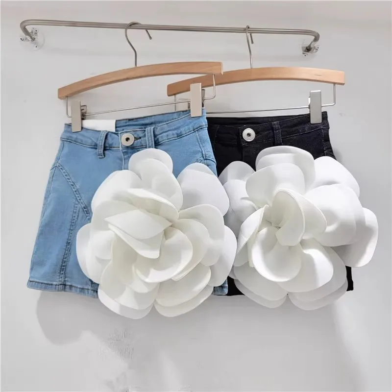 

Summer New 3D Large Flower Denim Skirt Women Spring High-Quality Micro Elastic Anti Slip Light Wrapped Buttocks Culottes Tide