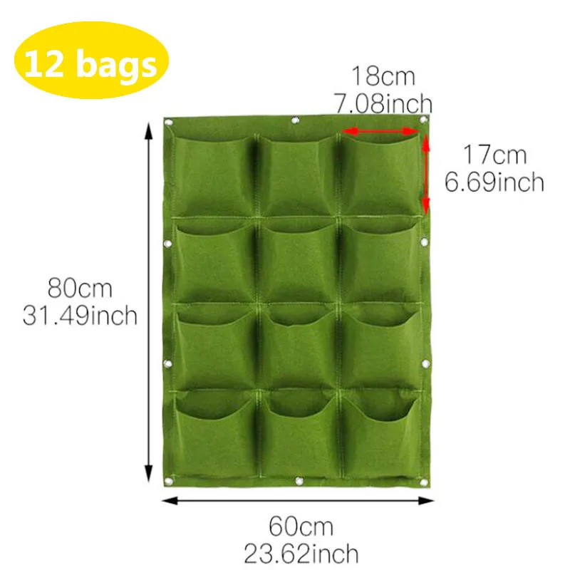 12 Pockets Vertical garden flowerpot flower wall hanging Planter grow pots Fabrics Planting Bags Green Pocket Gardening tools Q1