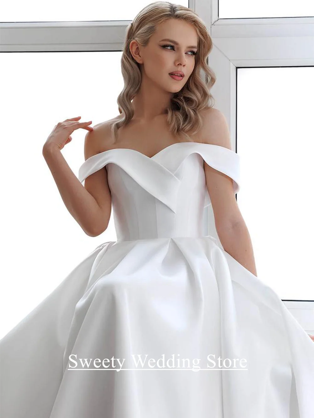 فساتين الزفاف الحديثة Vestido De Noiva مخصصة الخامس الرقبة قبالة الكتف ثنيات ألف خط قطار الاجتياح مشد فساتين الزفاف #5