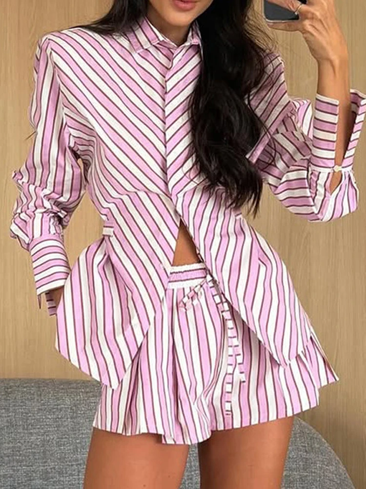 Elegant Turn-down Collar Button Shirt & Tie-up Shorts Set Autumn Long Sleeve Striped Print Outfit New Spring Casual Women's Suit