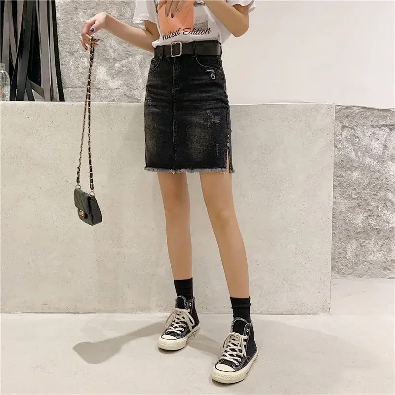 Woman Denim Skirt with Slit Midi Chubby Black Pocket Jeans Skirts for Women High Waist Ripped Korean Style Fashion Premium V