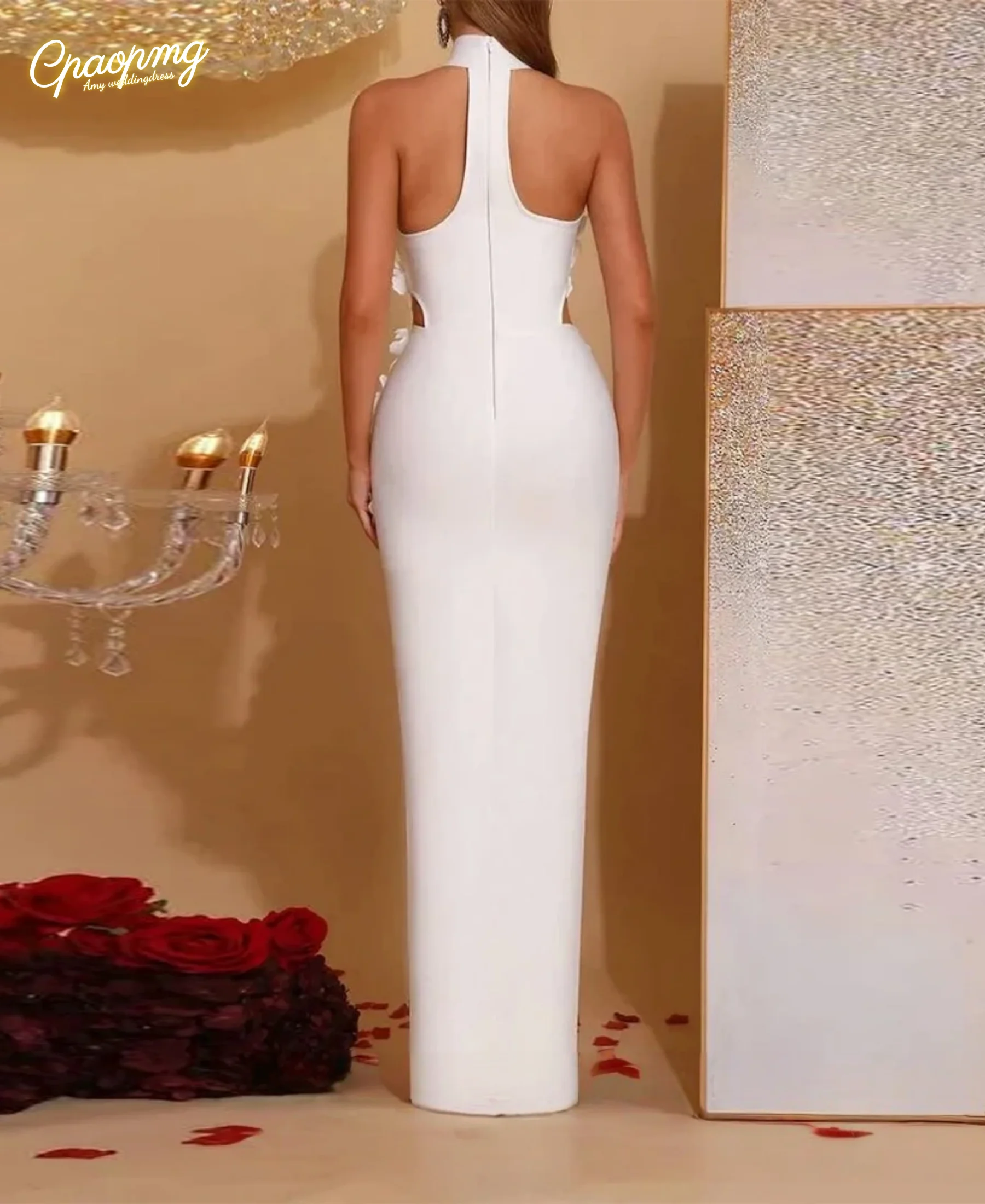 Customized Elegant Mermaid High Collar Evening Dress Matching Handmade Flower Party Dresses Modern Celebrity Gowns