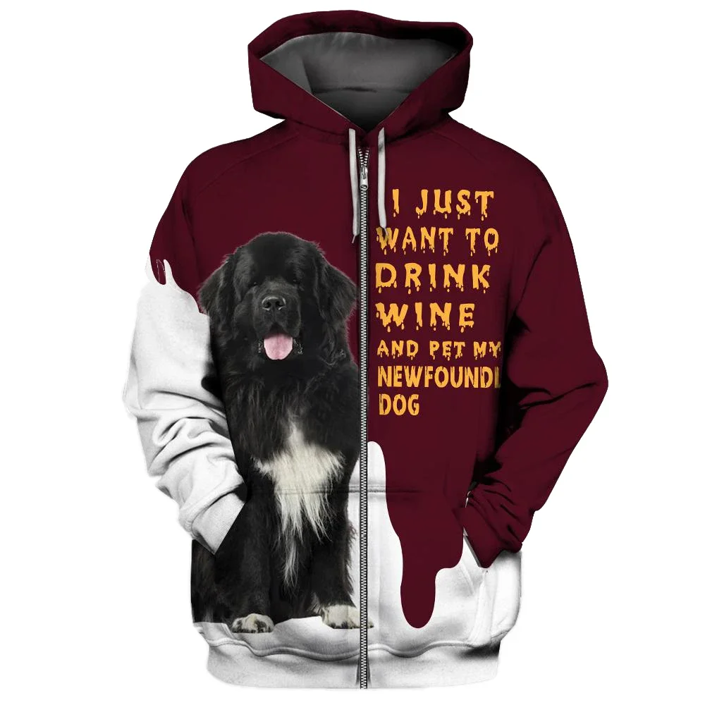 

HX Newfoundland Dog Zip Hoodiesdrink with My Dog 3D Printed Sweatshirts Pullovers Tops Streetwear Men Clothing Dropshipping