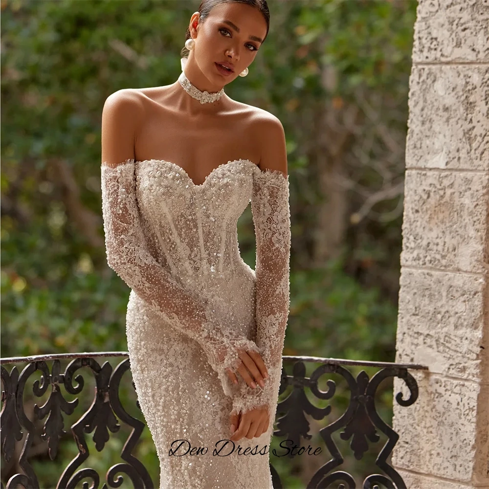 Sweetheart Brautkleider mit langen Ärmeln, maßgeschneidert, luxuriöses Spitzen-Meerjungfrauen-Hochzeitskleid, exquisite Applikationen, Perlenstickerei, Vestido De Novia