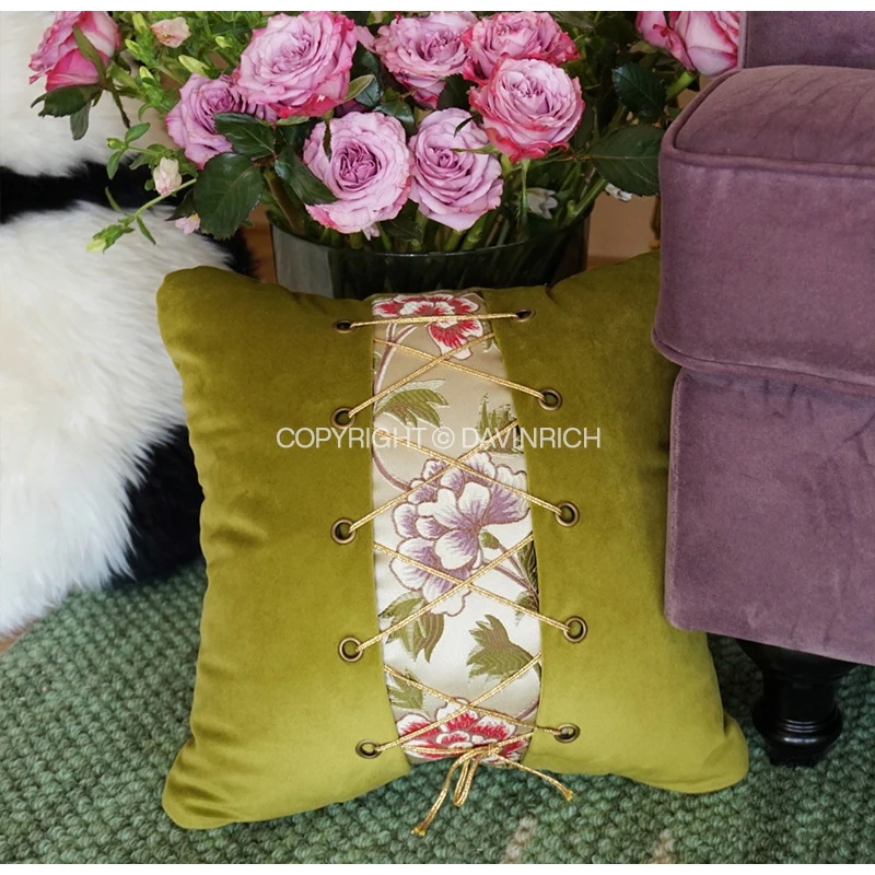 DAVINRICH Victorian Style Romantic Pillow Covers European Court Vintage Lace-Up Design Cushion Case With Roses Flowers Jacquard