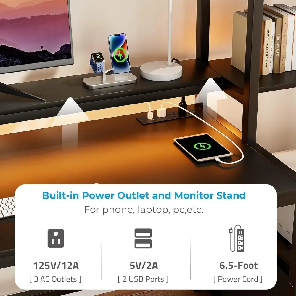 Computer Desk, with Drawer and Printer Shelf, 59 Inch Gaming Desk, with LED Lights and Power Outlets, with Monitor Stand