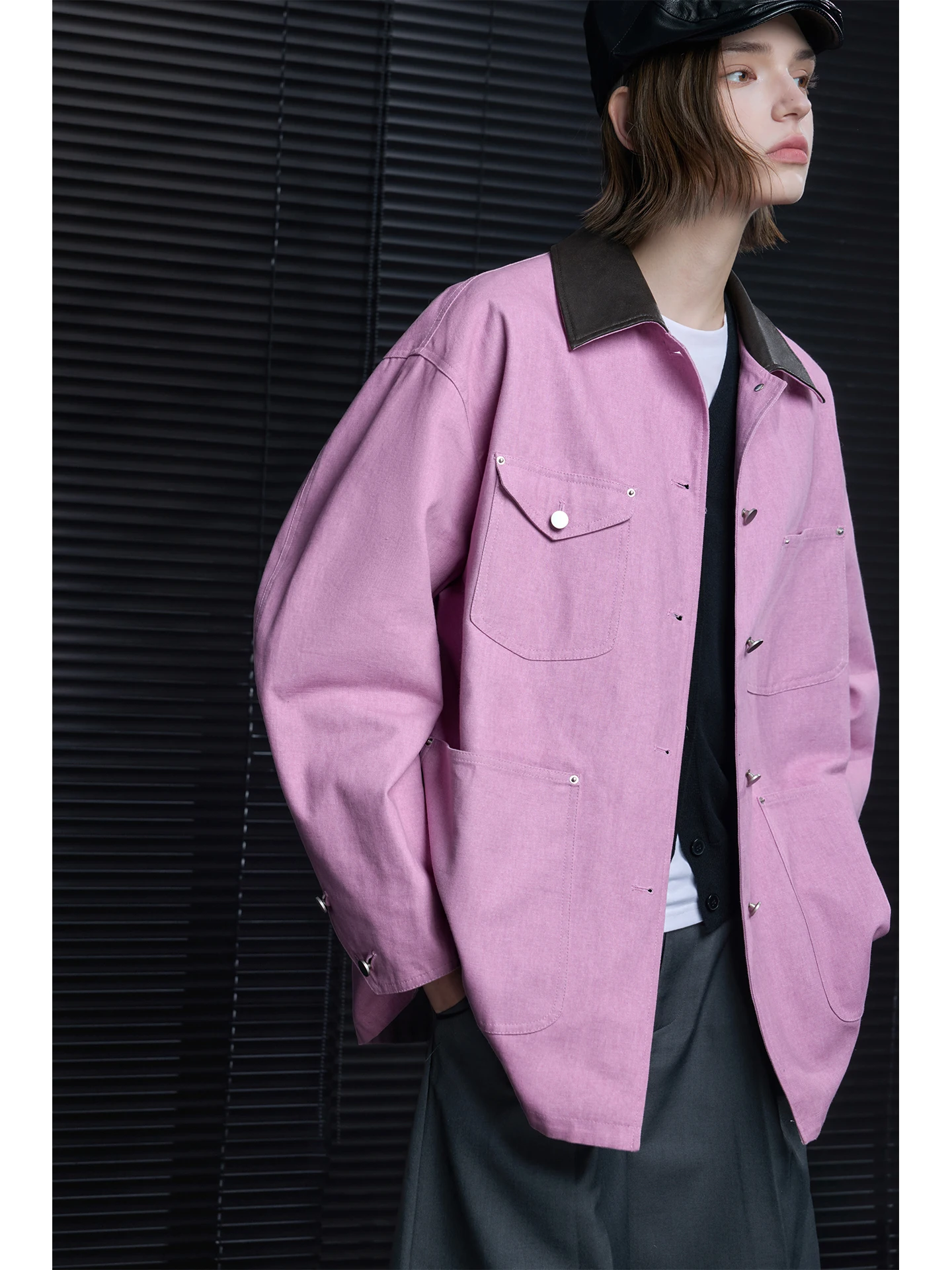 

Pure Cotton Stand Collar Jaet Women's Loose Casual Color Blo Spring Faionable Street Sle Long Sve Button Closure