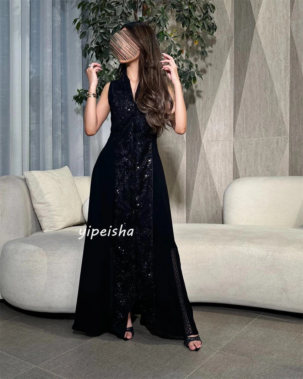 Customized Exquisite Sparkle Jersey Sequined Beading Ruched Valentine's Day A-line V-neck Bespoke Occasion Gown Midi Dresses