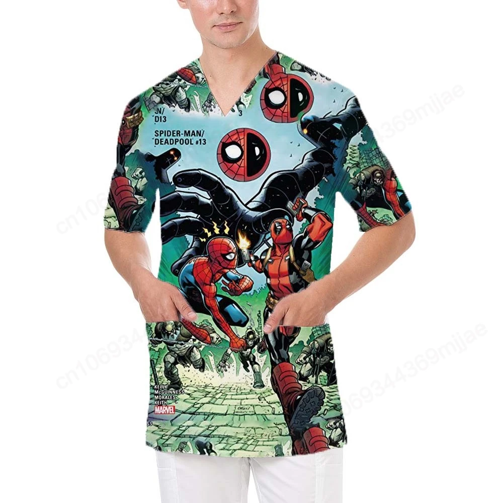 Summer Men's T-shirt Fashion V-neck Design Marvel Cartoon Printed Pattern Casual Comfortable T-shirt Double Pocket Men's Top