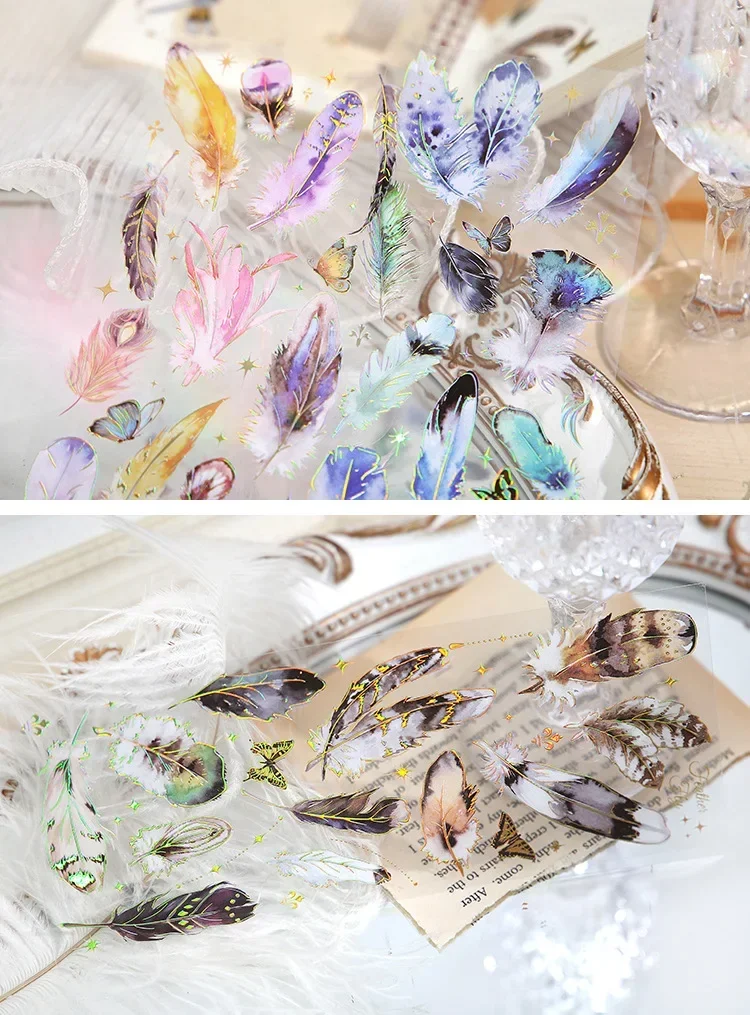 3pcs Kawaii Sticker Pack Feather Dragonfly Bird Jellyfish Decorative Scrapbooking Material Labels for Diary Phone Journal Planne
