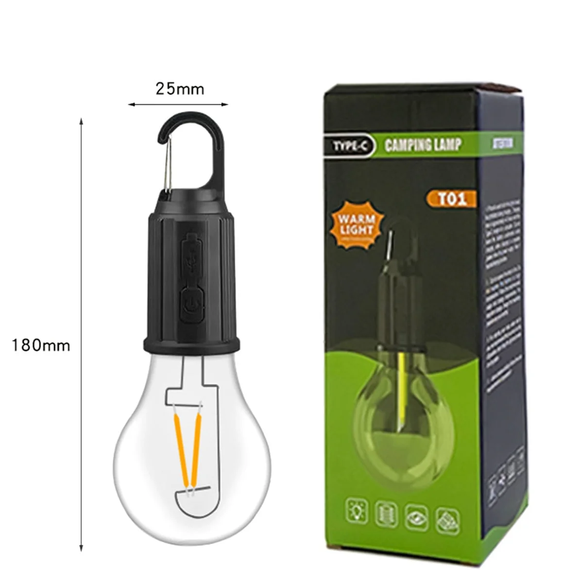 Tira de luces LED con gancho para exteriores, Bombilla USB tipo C de 400MAh, 3 modos, impermeable, para acampar, tienda colgante, Light-T01