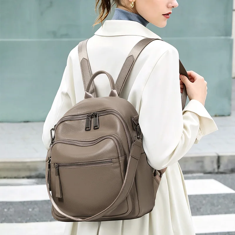 Aidrani Genuine Cowhide Leather Women Backpack, Pebbled Finish Grey Backpack with Hidden Pocket, Multi-Pocket Portable Bag