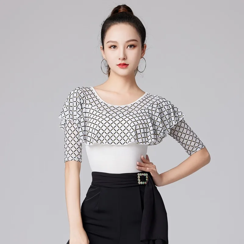 

customized latin dance top women's round neck modern dance costume ruffle edge mid sleeve wall salsa dance costume cheap clothes