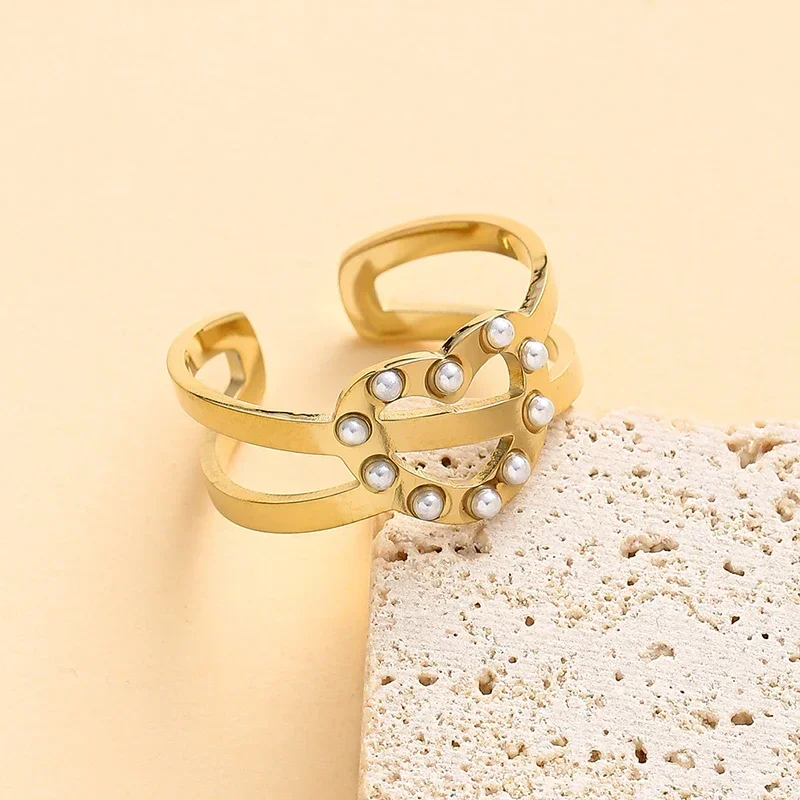 

Fashion Inlaid Pearls Evil Eyes Heart Flower Shape Gold Color Stainless Steel Opening Rings for Women Retro Personality Jewelry