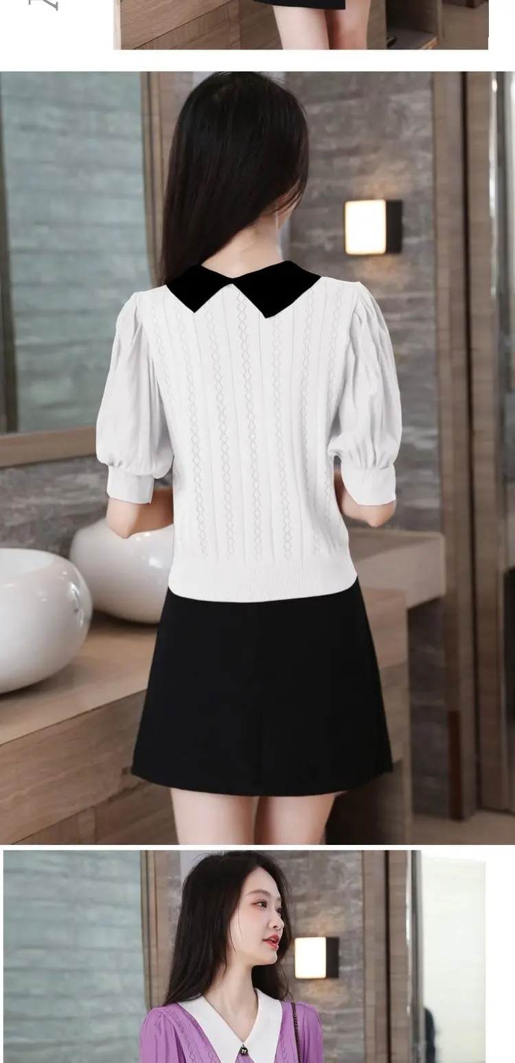 V-neck Ice Silk Short Sleeve Sweater For Women