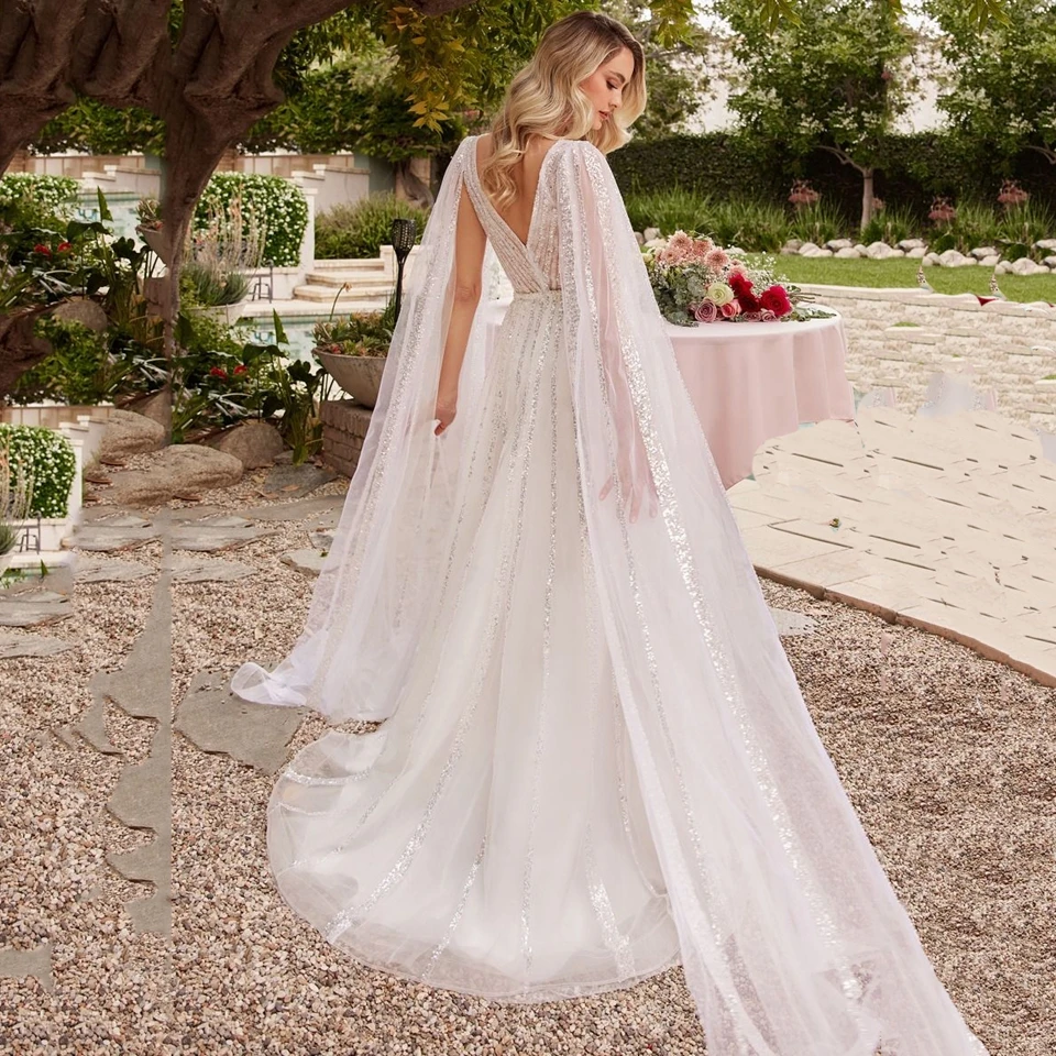 Charming White V-Neck Backless Sequin Sleeveless Evening Dress 2025 A-Line Floor Length Sweep Train Custom Made Prom Dress