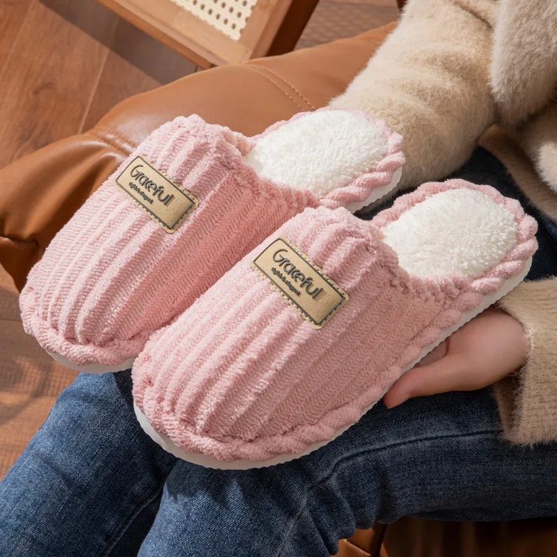 Winter Women Indoor Soft Slippers Couples Casual Lightweight Warm Plush Winter Warm Slides Adults Home Non-slip Corduroy Sandals