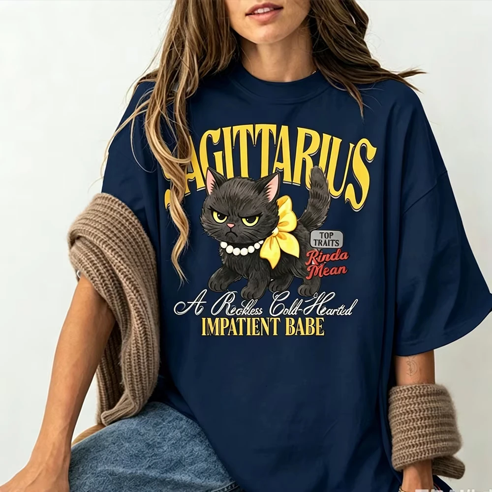 Funny Sagittarius Zodiac Cat Graphic Tee, Astrology Horoscope Birthday Cotton Shirt Gift for Sagittarius Women kawaii clothes