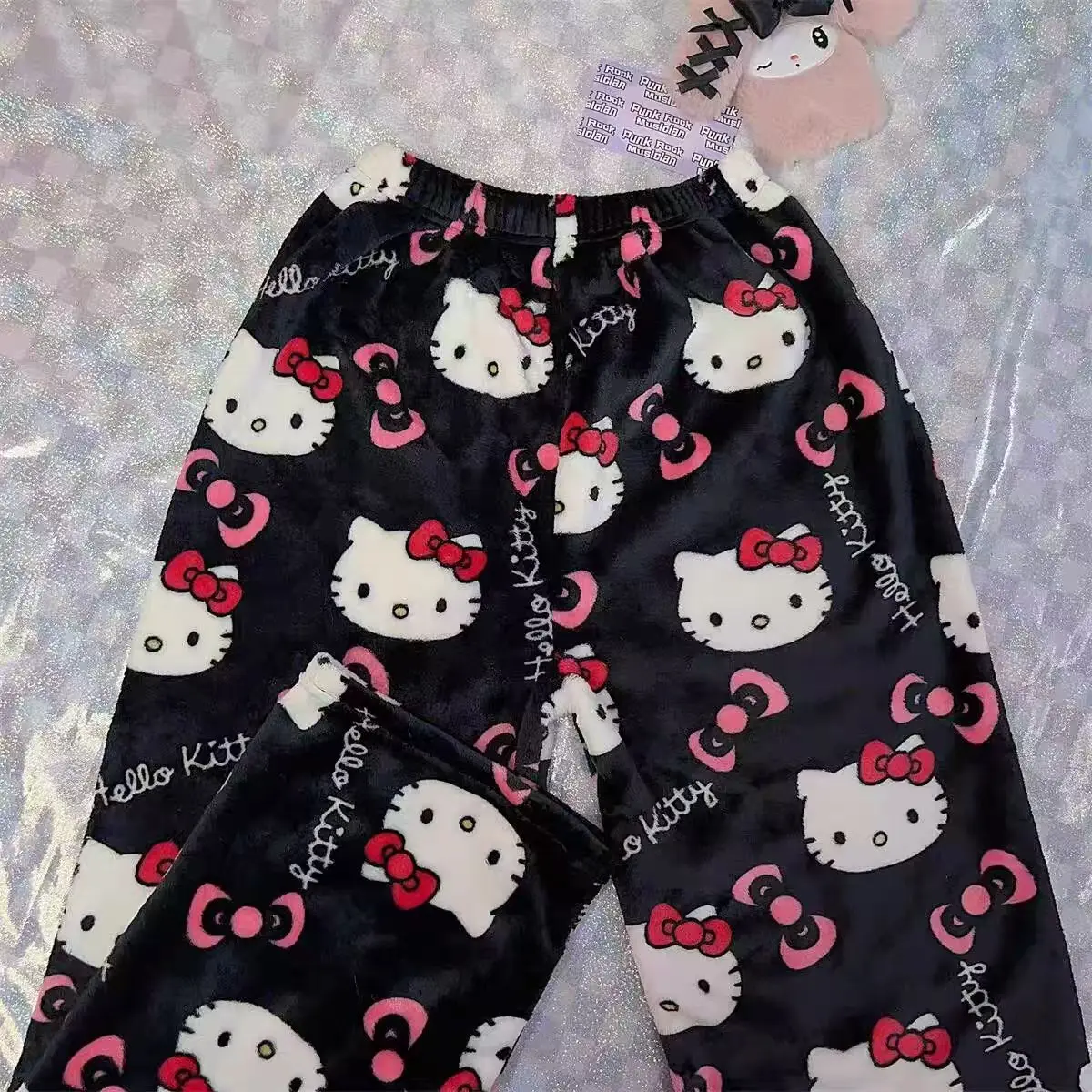 Kawaii Kuromi KT Pajamas Women Girls Winter Anime Warm Pants Casual Loose Coral Velvet Elastic Soft Christmas Party Trousers