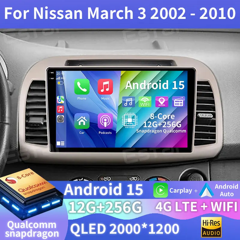 Android 15 Radio del coche para Nissan March 3 K12 2002 - 2010 GPS reproductor Multimedia Navi unidad principal inalámbrica Carplay Auto DSP BT estéreo
