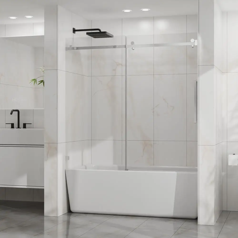 

Goodyo Frameless Sliding Shower Door 60" W x 58" H with 6mm Tempered Glass Silent Rollers Heavy-Duty 304 Stainless Steel