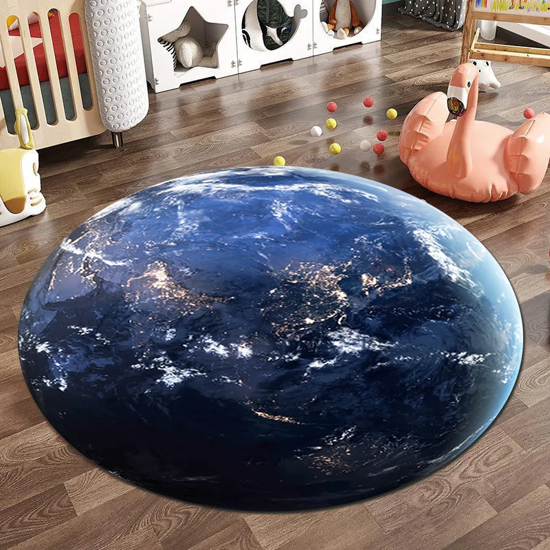 Earth & Moon Galaxy Print Round Carpet – Geometric Space Pattern Anti-Slip Rug for Living Room, Sofa, Coffee Table Decor