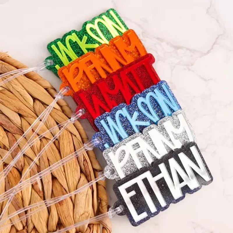 Colorful Shiny Plate Name Custom Acrylic Keychain Double Layers 3D DIY Nameplate Label Tag Keyring Wholesale Bag Charm Gift