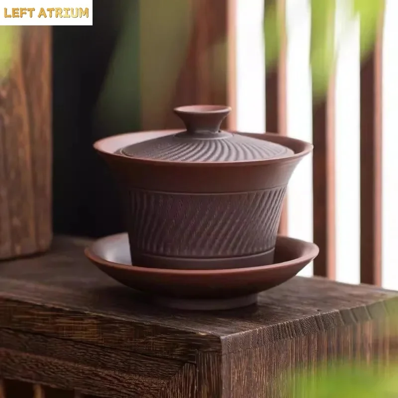 

195ml Purple Pottery Jump Knife Hovering Gaiwan Retro Tea Tureen Tea Bowl With Lid Kit Tea Brewing Cover Bowl Teaset Decoration
