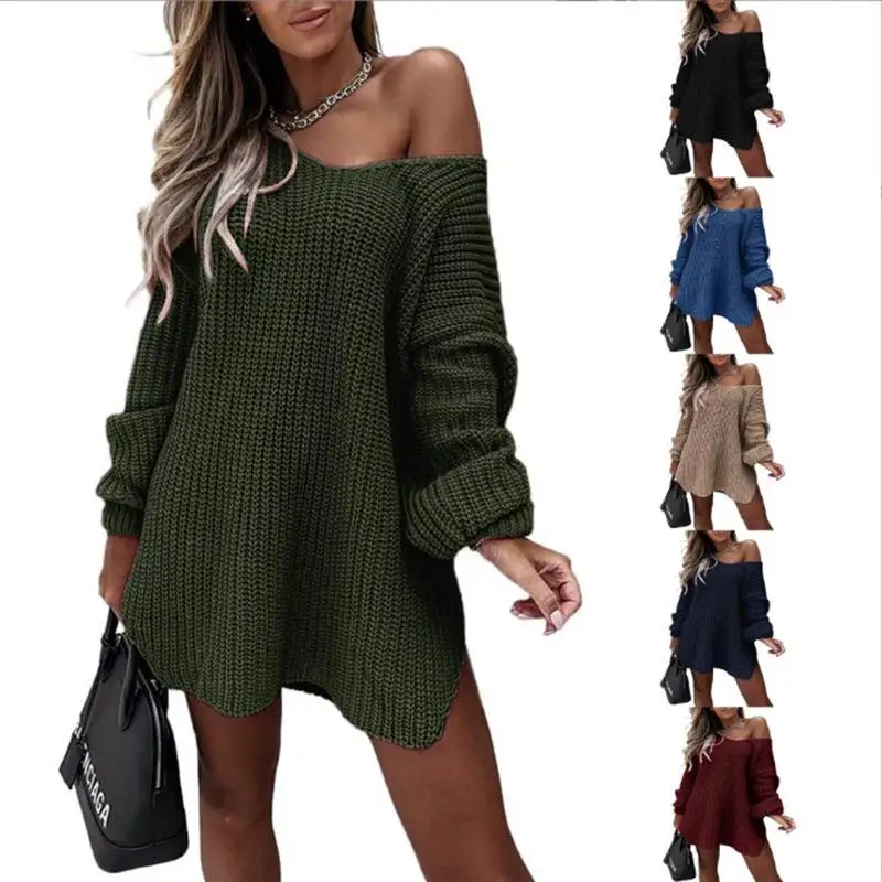 

Women's Knitted Sweater Autumn Set Heaollar Thiened Polyester Fiber Pure Color T-irt Sle Knitted Sweater for Women