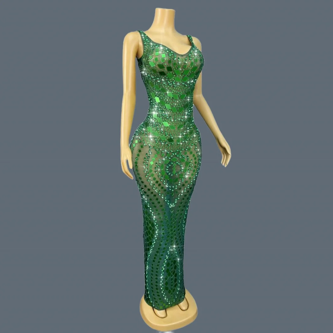 Verde tema festa alta costura ver através de malha brilhante strass espelhos com decote em v vestido de noite sexy bodycon vestido longo lvyijingpian